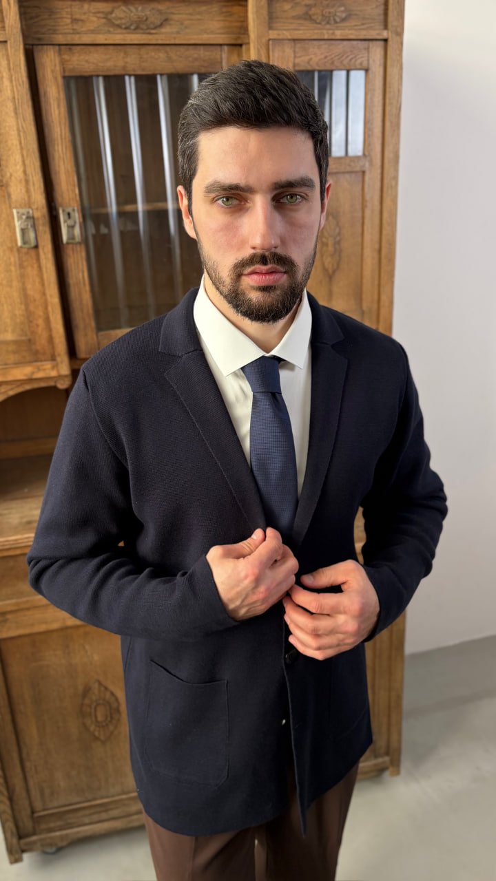 Кардиган AMT Темно-синий фактурный на пуговицах